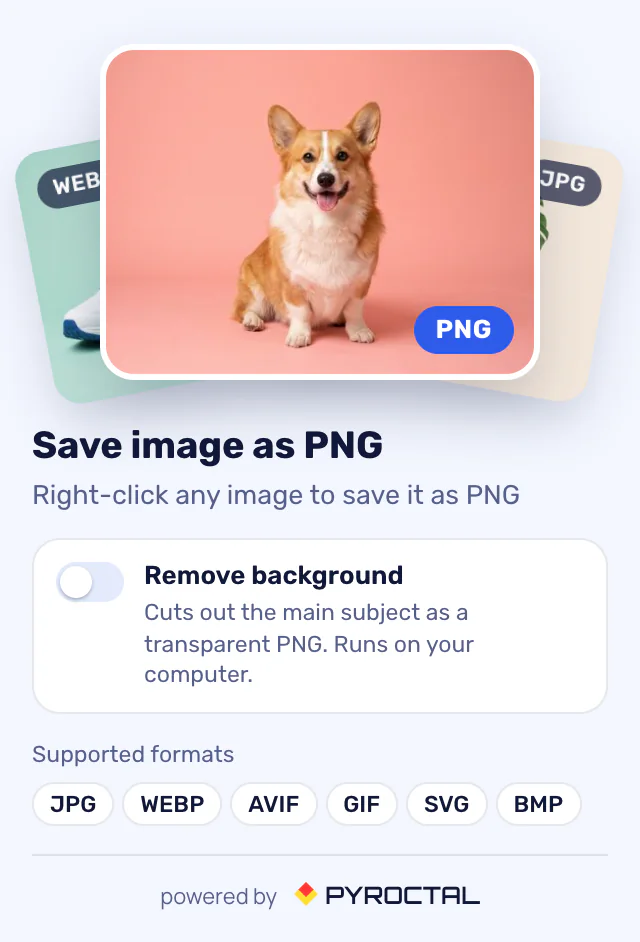 The Save image as PNG popup: a stack of image cards with format labels, the Remove background switch and the supported formats
